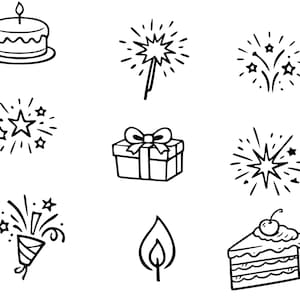 May include: Black and white line art illustrations of birthday-themed elements. Includes a cake with a candle, a sparkler, fireworks, a gift box with a bow, a lit candle, and a slice of cake with a cherry on top.