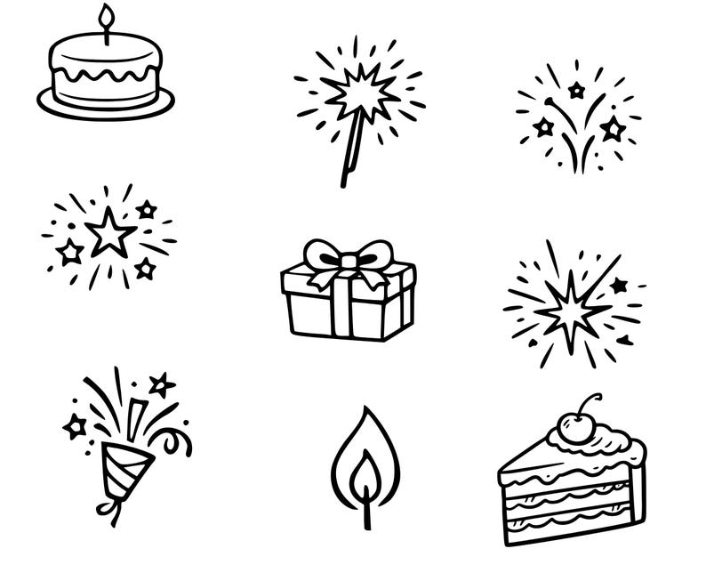 May include: Black and white line art illustrations of birthday-themed elements. Includes a cake with a candle, a sparkler, fireworks, a gift box with a bow, a lit candle, and a slice of cake with a cherry on top.