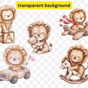 May include: A collection of watercolor illustrations featuring adorable lion cubs. One cub sits on a block with the letter "A", another holds a teddy bear, and a third drives a vintage car. Other cubs are in a plane and on a rocking horse.