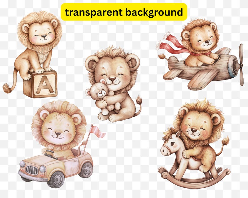 May include: A collection of watercolor illustrations featuring adorable lion cubs. One cub sits on a block with the letter "A", another holds a teddy bear, and a third drives a vintage car. Other cubs are in a plane and on a rocking horse.
