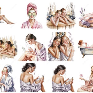 May include: Watercolor illustrations of spa day scenes. Women in bathrobes and towels are shown relaxing with cucumber eye masks, in a hot tub, and enjoying spa treatments. The images feature soft colors and a relaxing atmosphere.