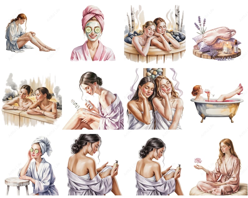 May include: Watercolor illustrations of spa day scenes. Women in bathrobes and towels are shown relaxing with cucumber eye masks, in a hot tub, and enjoying spa treatments. The images feature soft colors and a relaxing atmosphere.