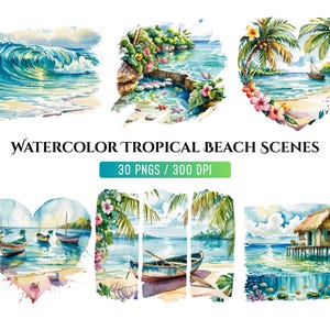30 Watercolor Tropical Beach Clipart Bundle | Sea View Watercolor Sea Clipart | Beach Landscape PNG | Beach Sublimation | Digital Download