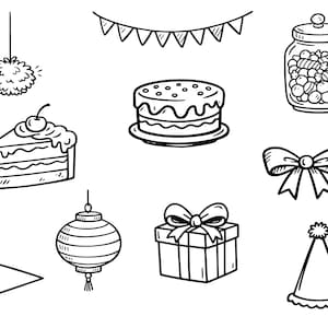 May include: Black and white line art illustration of party-themed objects. Includes a slice of cake with a cherry, a round cake, a jar of candies, a bow, a gift box, a party hat, a banner, a flag, a lantern, and a decorative hanging ornament.