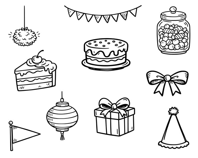 May include: Black and white line art illustration of party-themed objects. Includes a slice of cake with a cherry, a round cake, a jar of candies, a bow, a gift box, a party hat, a banner, a flag, a lantern, and a decorative hanging ornament.