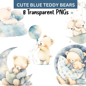 Cutest Blue Teddy Bear Clipart | Baby Shower for a boy | 8 Transparent PNGs clipart | Nursery decor Instant Digital Download Commercial use