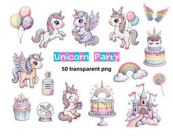 May include: A collection of whimsical unicorn-themed illustrations. The image includes unicorns, cakes, a rainbow, balloons, and a castle. Text reads "Unicorn Party" and "50 transparent png". The color palette is pastel.