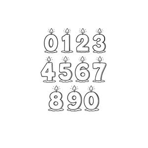 May include: Black and white line art of birthday candles shaped like numbers 0 through 9. Each number has a flame at the top, and a wax base at the bottom. The numbers are arranged in three rows.