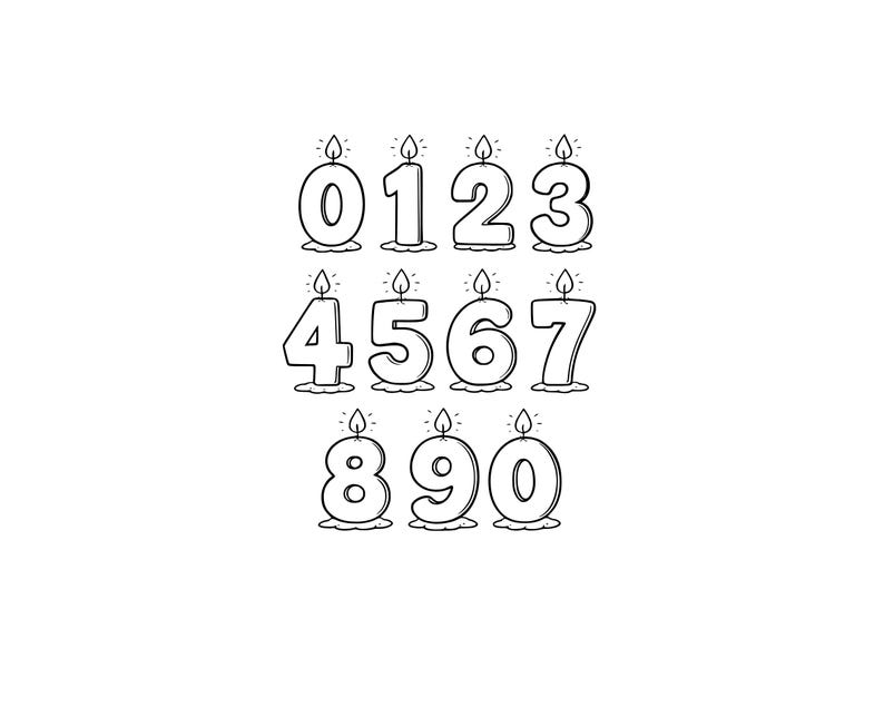 May include: Black and white line art of birthday candles shaped like numbers 0 through 9. Each number has a flame at the top, and a wax base at the bottom. The numbers are arranged in three rows.