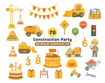 70 x Kids Construction Clipart | Construction Party | Birthday Party | Cute Construction Birthday PNG | Watercolor Construction Vehicles