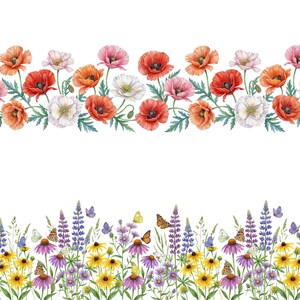 May include: Watercolor illustration of two floral borders. The top border features red, orange, pink, and white poppies with green leaves. The bottom border showcases a variety of wildflowers, including purple coneflowers, yellow daisies, and butterflies.