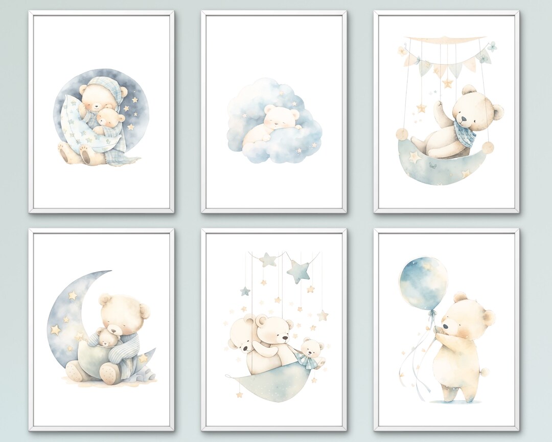 Teddy Bear Wall Art - Set of 6, Bear Nursery Decor, Nursery Wall Art ...
