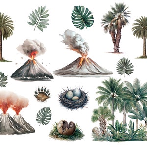 May include: Watercolor illustration of a tropical jungle scene with palm trees, ferns, and a volcano erupting. There are also dinosaur eggs and a dinosaur footprint.