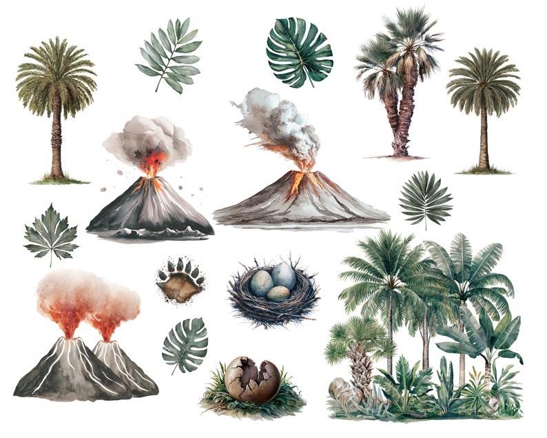 May include: Watercolor illustration of a tropical jungle scene with palm trees, ferns, and a volcano erupting. There are also dinosaur eggs and a dinosaur footprint.