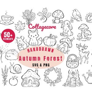 Puede incluir: Una colección de ilustraciones de línea en blanco y negro con animales del bosque, setas, plantas y viviendas forestales. El texto dice Cottagecore, 50+ ELEMENTS, HANDDRAWN, Autumn Forest y SVG & PNG, sobre un fondo blanco.