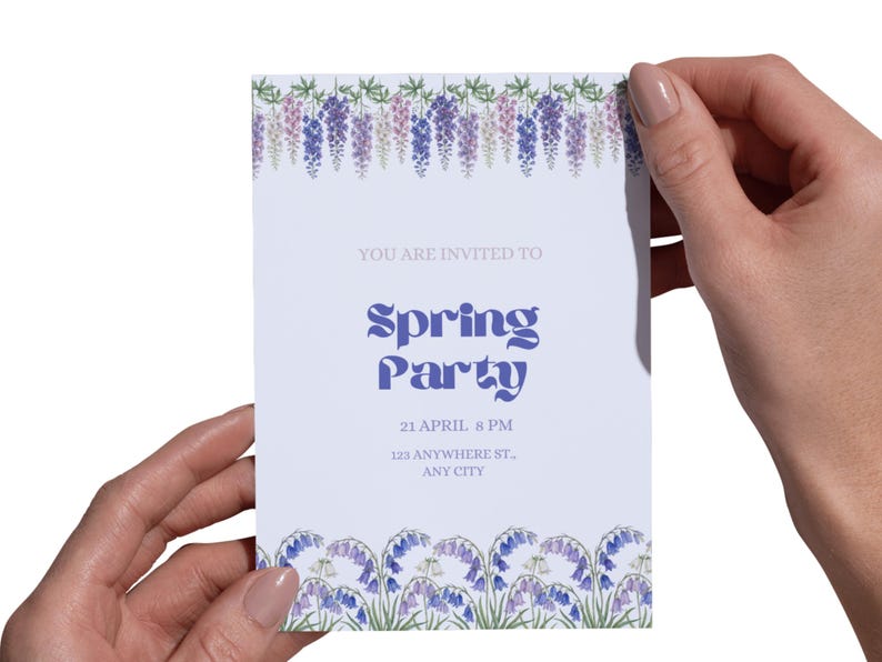 May include: A light purple invitation card with floral illustrations and the text "Spring Party". The card is held by two hands. The invitation includes the date, time, and location of the event.