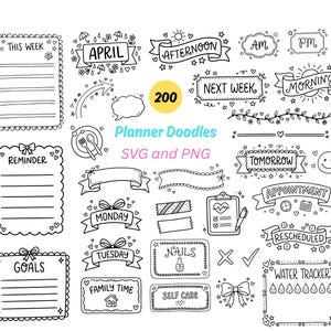 May include: Black and white planner doodles with various designs, including banners with text like "April," "Morning," and "Next Week." Other elements include a water tracker, appointment reminders, and a goals section. The image also includes the text "Planner Doodles SVG and PNG."