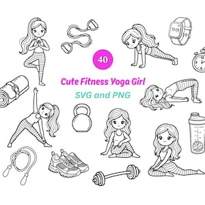 May include: Black and white illustration of a collection of fitness and yoga-themed elements. Includes a yoga mat, dumbbells, kettlebell, jump rope, sneakers, and a water bottle. The text "Cute Fitness Yoga Girl SVG and PNG" is also present.