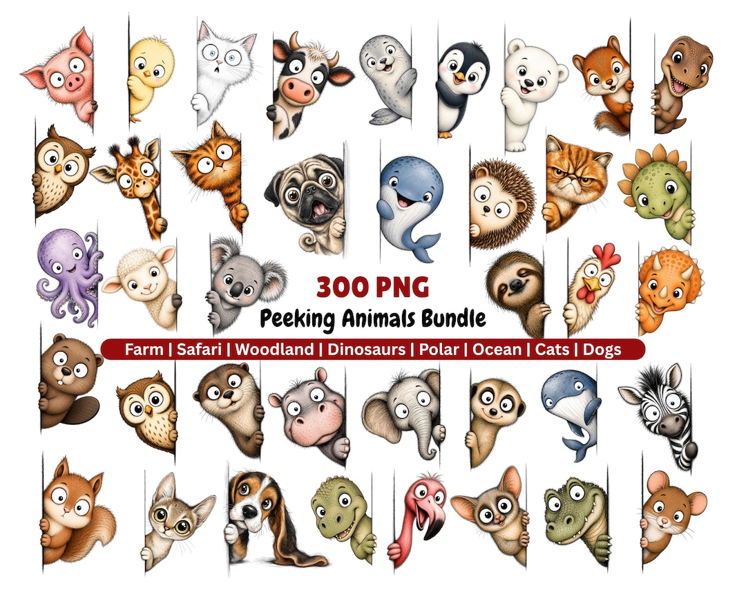 300 Quirky Peeking Animals Bundle Clipart Set | Watercolor Cute baby Animals | PNG Digital
