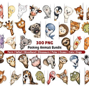 May include: A digital collection of 300 PNG files titled 300 PNG Peeking Animals Bundle. The set features various cartoon animals including a pig, owl, giraffe, cat, pug, whale, hedgehog, dinosaur, octopus, sheep, koala, sloth, chicken, and zebra.