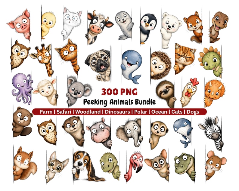 May include: A digital collection of 300 PNG files titled 300 PNG Peeking Animals Bundle. The set features various cartoon animals including a pig, owl, giraffe, cat, pug, whale, hedgehog, dinosaur, octopus, sheep, koala, sloth, chicken, and zebra.