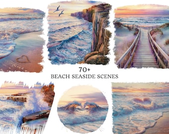 Paquete de más de 70 imágenes prediseñadas de playa en acuarela / Imágenes prediseñadas de océano / Imágenes prediseñadas de vista al mar en acuarela / Paisajes marinos / Paisaje de playa PNG / Descarga digital