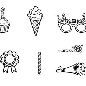 May include: Black and white line art illustrations of birthday-themed items. Includes a cupcake with a lit candle, an ice cream cone, glasses with the word "BIRTHDAY", a rosette, a candy cane, a party horn, and a party blower.