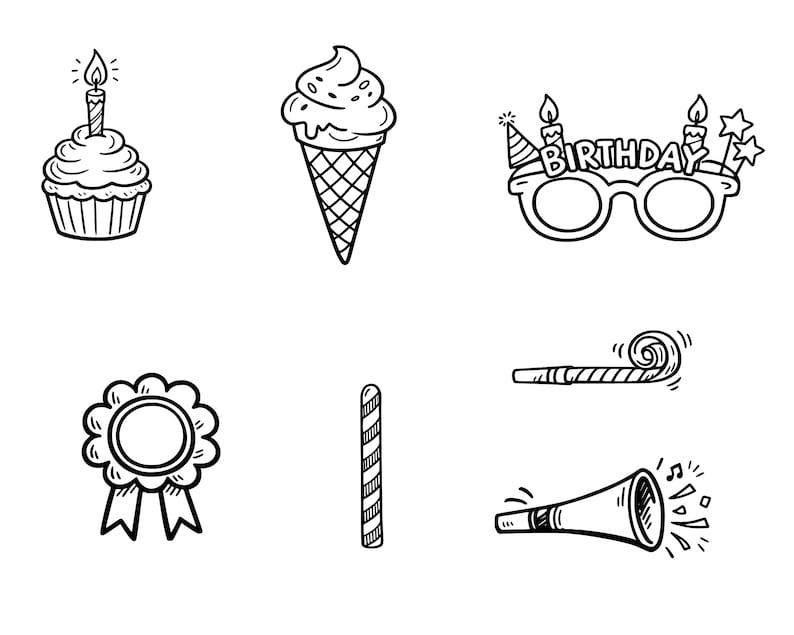 May include: Black and white line art illustrations of birthday-themed items. Includes a cupcake with a lit candle, an ice cream cone, glasses with the word "BIRTHDAY", a rosette, a candy cane, a party horn, and a party blower.