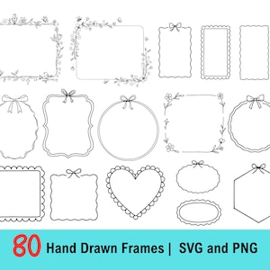 80 Hand Drawn Frames SVG PNG Bundle | Hand Drawn Borders SVG | Cute Frames Clipart | Coquette Bows | Whimsical Borders | Digital Download