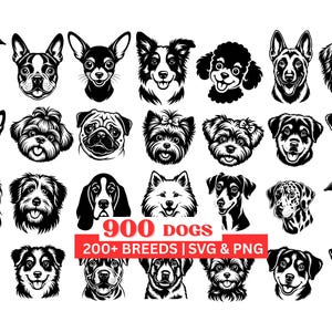 May include: A collection of black and white dog illustrations, showcasing a variety of breeds. The image includes depictions of a Greyhound, French Bulldog, Chihuahua, and Border Collie. Text in a red rectangle reads "900 DOGS 200+ BREEDS | SVG & PNG".
