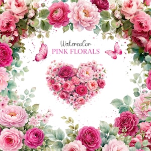 Puede incluir: Ilustración en acuarela de flores rosas, incluyendo rosas y peonías, dispuestas en forma de corazón y rodeando el texto "Watercolor PINK FLORALS". Dos mariposas rosas también están presentes.