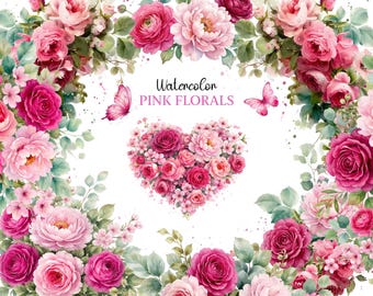 18 Pink Floral Clipart Bundle | Watercolor Pink Flowers PNG | Pink Floral arrangements | Digital Download