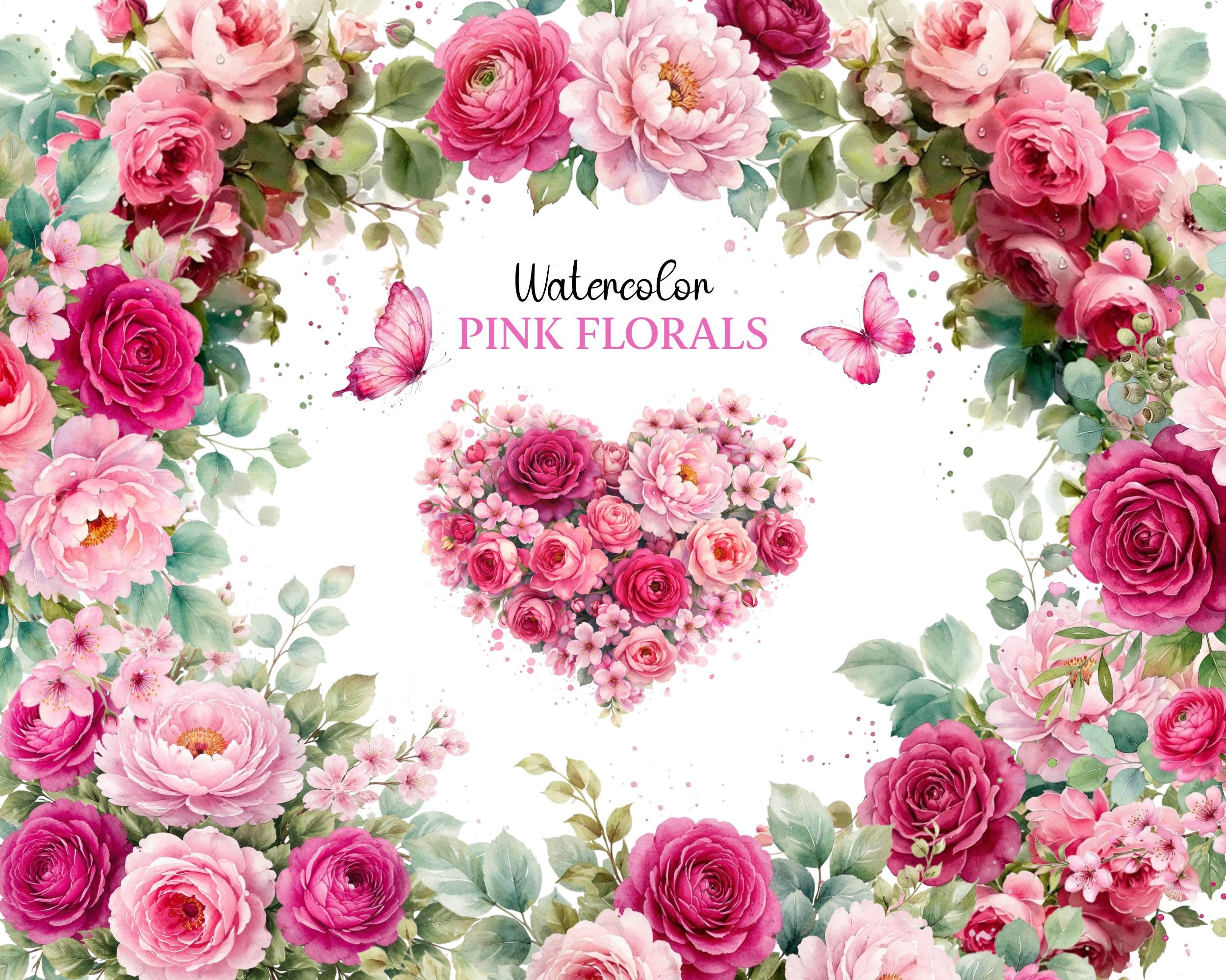 18 Pink Floral Clipart Bundle | Watercolor Pink Flowers PNG | Pink ...