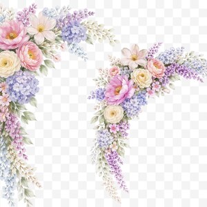 May include: Watercolor floral arrangement featuring pink, yellow, and purple flowers, including roses, hydrangeas, and wisteria. The arrangement is set against a transparent background, ideal for various design projects.