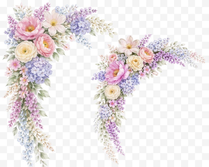 May include: Watercolor floral arrangement featuring pink, yellow, and purple flowers, including roses, hydrangeas, and wisteria. The arrangement is set against a transparent background, ideal for various design projects.