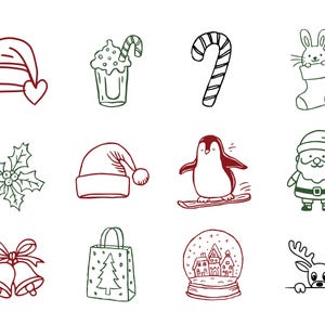 May include: A collection of Christmas-themed line art illustrations. Includes a Santa hat, a festive drink with a candy cane, a candy cane, a bunny in a stocking, holly, a Santa hat, a penguin snowboarding, Santa Claus, bells, a gift bag, a snow globe, and a reindeer.