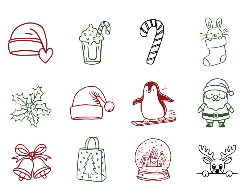 May include: A collection of Christmas-themed line art illustrations. Includes a Santa hat, a festive drink with a candy cane, a candy cane, a bunny in a stocking, holly, a Santa hat, a penguin snowboarding, Santa Claus, bells, a gift bag, a snow globe, and a reindeer.