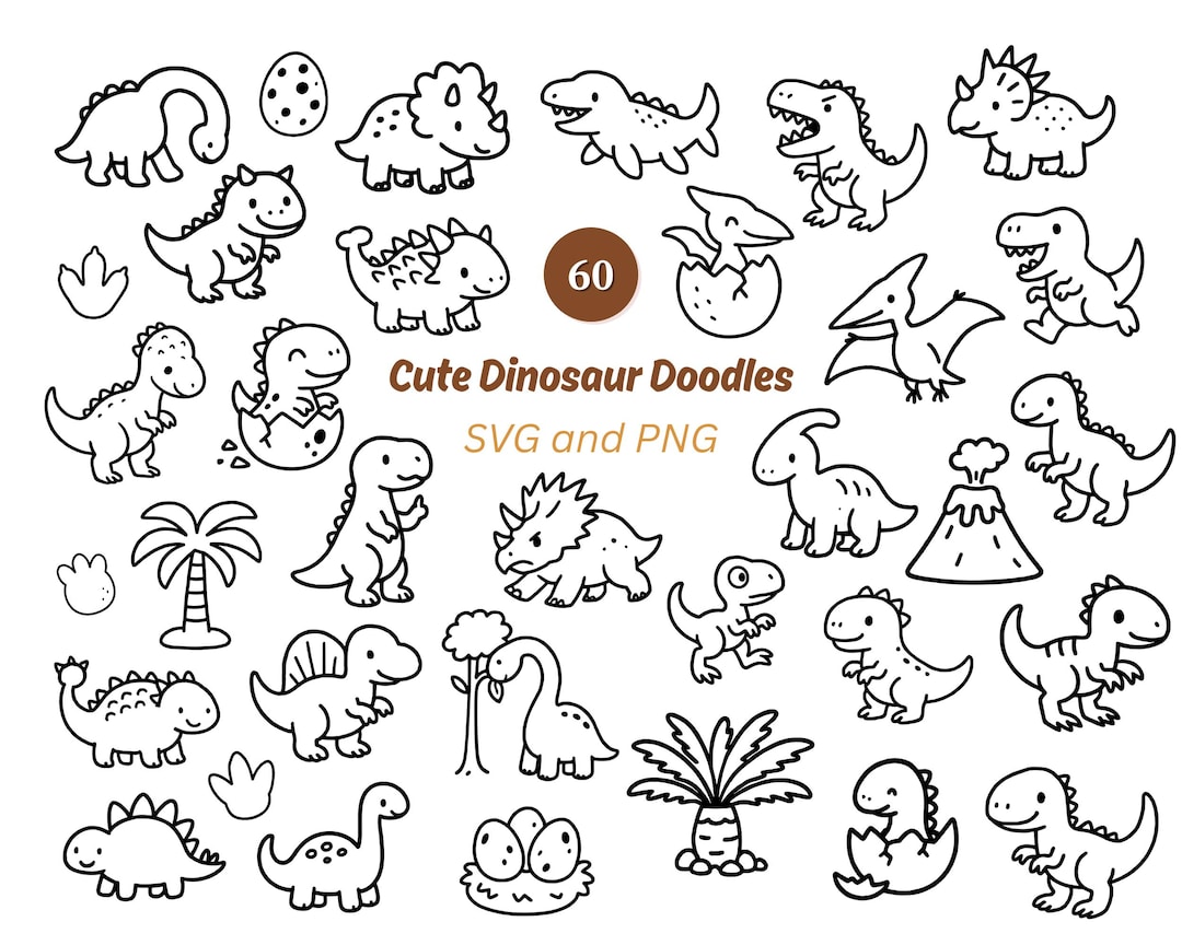 60 Dinosaur SVG Bundle | Dinosaur Doodles | Cute Dino Svg | Cute ...