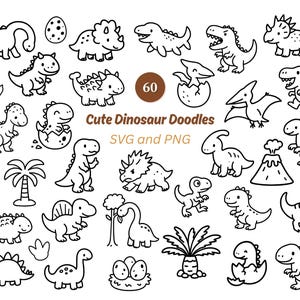 Puede incluir: Una colección de 60 lindos garabatos de dinosaurios en blanco y negro. La imagen incluye varias ilustraciones de dinosaurios, huellas, huevos y un volcán. El texto dice "Cute Dinosaur Doodles SVG and PNG".