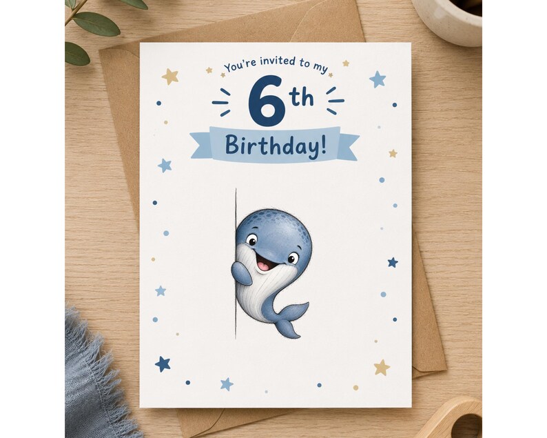 May include: A white birthday invitation card featuring a cartoon blue whale peeking from behind a vertical line. The text reads "You're invited to my 6th Birthday!" on a light blue banner. The card is decorated with small blue and gold stars.