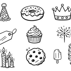 May include: A collection of hand-drawn black and white illustrations of party and celebration-themed items. Includes a party hat, donut, crown, price tag, cupcake, firework, candles, cookie, popsicle, and a ribbon.