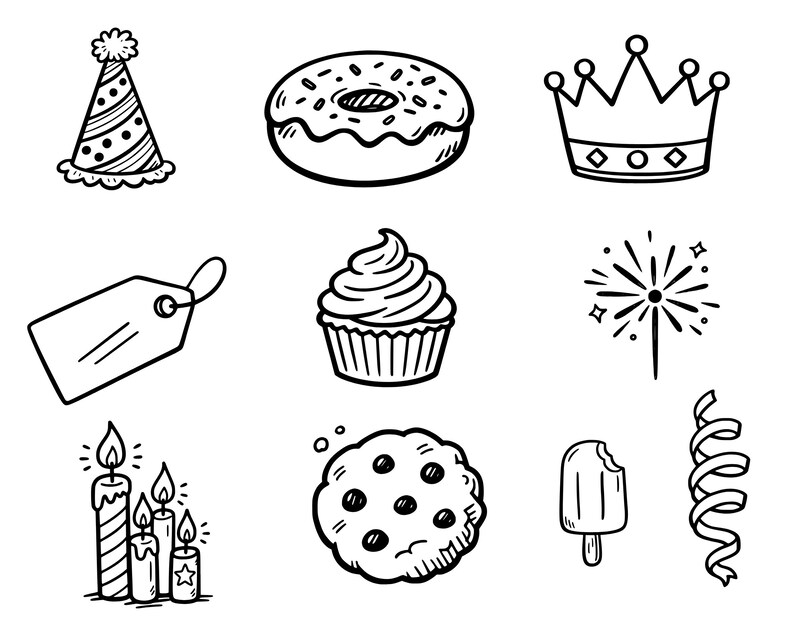 May include: A collection of hand-drawn black and white illustrations of party and celebration-themed items. Includes a party hat, donut, crown, price tag, cupcake, firework, candles, cookie, popsicle, and a ribbon.