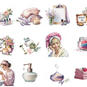 May include: Watercolor illustrations of spa and self-care items. Includes a bowl of water with flowers, nail polish, an eye mask, a candle, essential oils, a clipboard, a sign that says "Welcome to the Spa", a woman with a face mask, a jar of bath salts, and more.