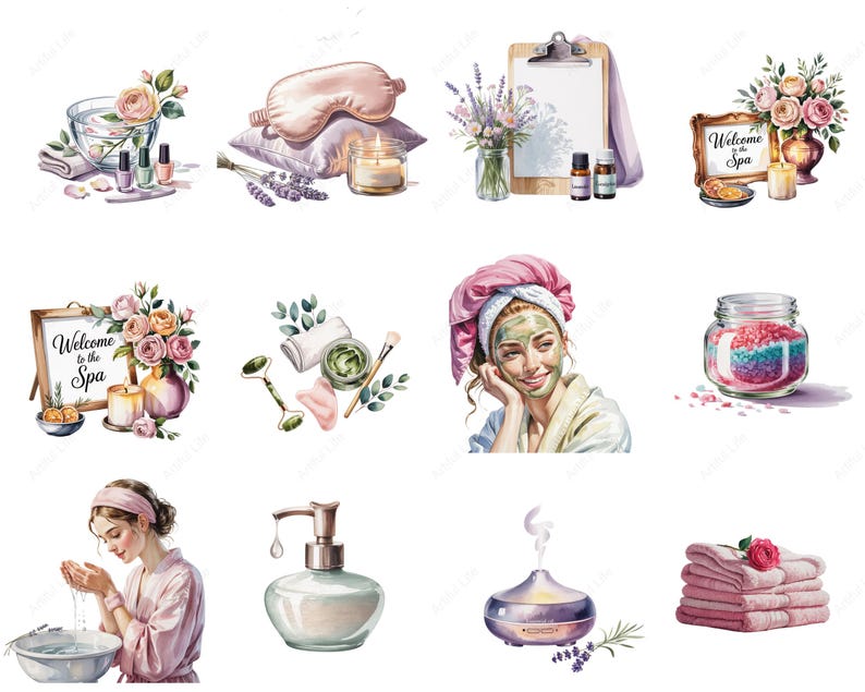 May include: Watercolor illustrations of spa and self-care items. Includes a bowl of water with flowers, nail polish, an eye mask, a candle, essential oils, a clipboard, a sign that says "Welcome to the Spa", a woman with a face mask, a jar of bath salts, and more.