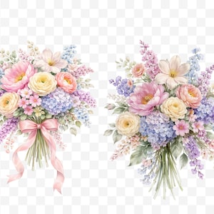 May include: Two watercolor bouquets featuring a variety of flowers in pastel colors. The bouquets include pink peonies, yellow roses, blue hydrangeas, and lavender accents. One bouquet is tied with a pink ribbon.