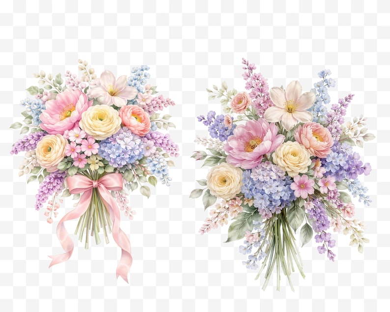 May include: Two watercolor bouquets featuring a variety of flowers in pastel colors. The bouquets include pink peonies, yellow roses, blue hydrangeas, and lavender accents. One bouquet is tied with a pink ribbon.