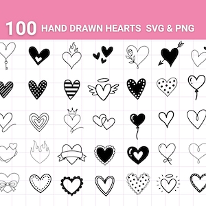 Puede incluir: Una colección de 100 diseños de corazones dibujados a mano en formatos SVG y PNG. Los corazones presentan varios estilos, incluyendo sólidos, delineados y estampados, con detalles como llamas, alas y lazos. La imagen tiene un encabezado rosa.