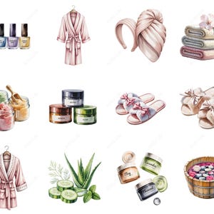 May include: Watercolor illustration of spa and self-care items. Includes nail polish bottles, a pink robe, a turban, a headband, folded towels, jars of scrubs, face masks, slippers, aloe vera, cucumber slices, and a wooden tub.
