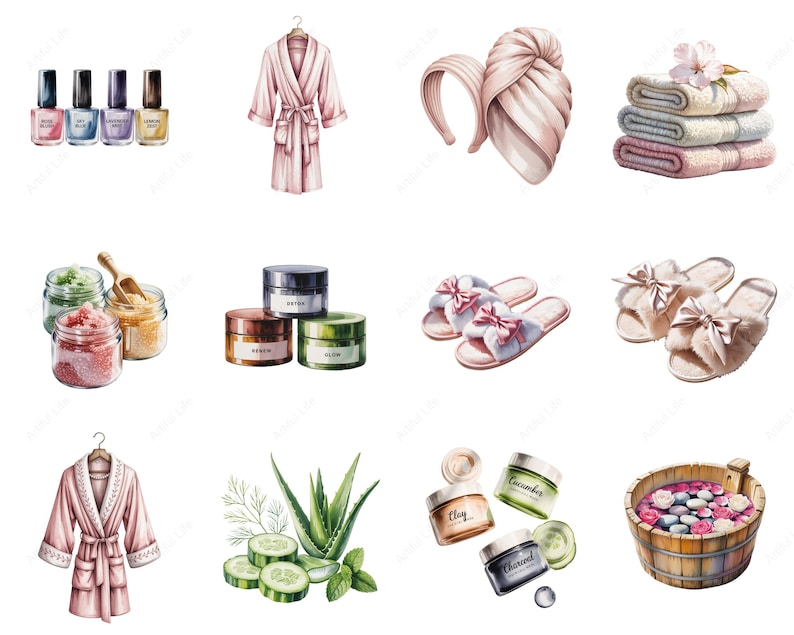 May include: Watercolor illustration of spa and self-care items. Includes nail polish bottles, a pink robe, a turban, a headband, folded towels, jars of scrubs, face masks, slippers, aloe vera, cucumber slices, and a wooden tub.
