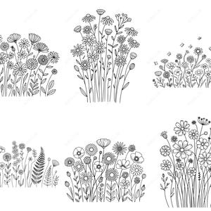 May include: Black and white line art of various wildflowers and foliage. The image features several arrangements of daisies, poppies, and other flowers, with detailed stems and leaves. Some arrangements include butterflies.